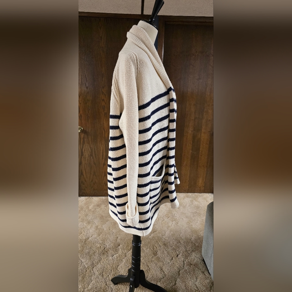 J. CREW Cream and Navy Shawl-Collar Striped Cardigan, Sz L - Picture 5 of 14
